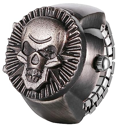 JewelryWe Anillo de Calavera, Reloj de Dedo Elástico, Cuarzo Analógico, Esfera Digital, Correa Ajustable, Resistente al Agua (1ATM), Cobre Negro