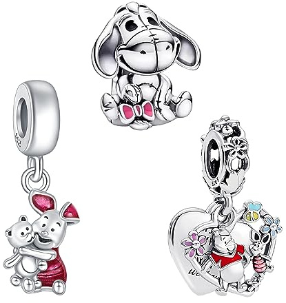 Doyafer 925 Sterling Silver Charms Set Pink Piggy, Bear, Donkey Cartoon Beads Pendant for Women Girls Bracelets Necklace Birthday Gifts 3-Piece/Package