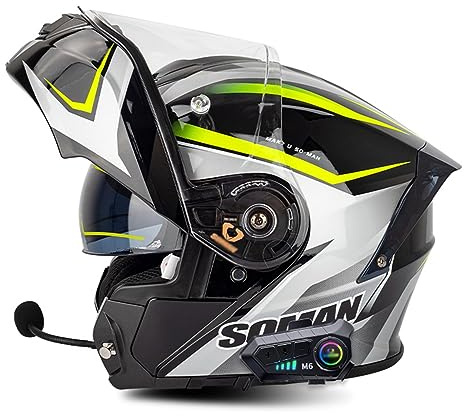 Motorradhelm mit Bluetooth Klapphelm Integralhelm Fullface Helm Sturzhelm mit Doppelvisier Sonnenblende DOT/ECE Rollerhelm Anti-UV für Damen Herren Erwachsene 6,XXXXL=67-68