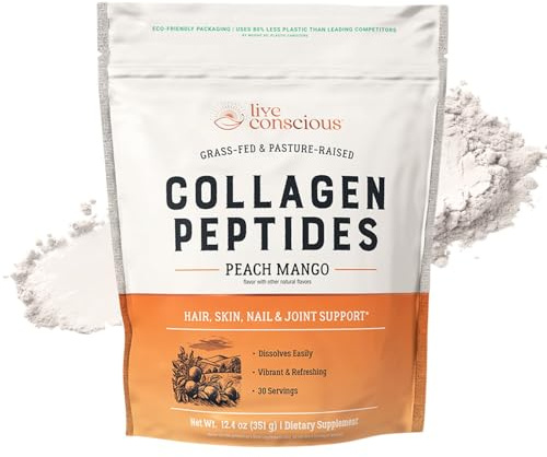 Live Conscious Collagen Peptides Powder - Peach Mango Flavored Collagen Powder - Hair, Skin, Nail, & Joint Support - Type I & III Grass-Fed Collagen Supplements for Women and Men - 30 Servings - 13oz