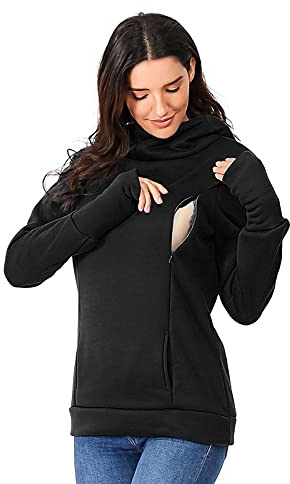 Damen Stillen Hoodie Mutterschaft Fleece Stillpullover mit Kapuze,Umstandspullover Langarm Stilloberteil Umstandsmode Herbst Winter Warm Pullover Schwangere Pflege Stillen Shirt (B-Black, M)