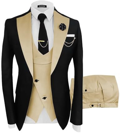 Wangyue Mens Black Champagne Suit Slim Fit Tuxedo 3 Piece Suits for Men Wedding Groomsmen Suit Prom Dress Tuxedo, M
