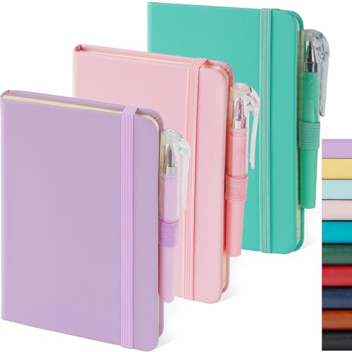 Kleines Notizbuch, Tagebuch mit Stift, A6, Mini-Notizblock, Tagebuch, Notizbuch für Damen/Herren, niedliches Notizbuch, Notizblöcke, 9,4 x 14,5 cm, Leder, Rosa, Lila, Grün, 3 Stück