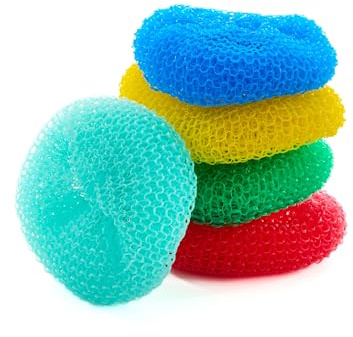 Topfreiniger aus Polypropylen, 5 Stück, für Küche, Geschirr, Töpfe und Herde, runde Kunststoff-Geschirrschwämme, Netz-Poly-Scheuerschwämme