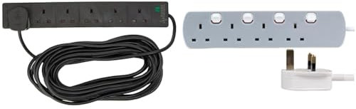 pro elec 6 Gang 10 m Extension Lead Surge Protector - Black & PELB1767 4 Gang Individually Switched Extension Lead Grey, 5m