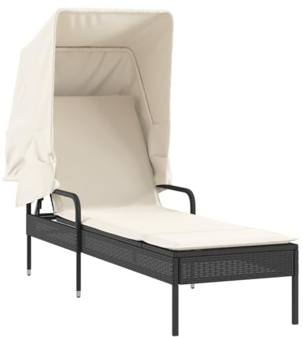 vidaXL Sonnenliege mit Dach, Gartenliege Verstellbare Rückenlehne, Sonnenbett für Außenbereich, Relaxliege Liege Gartenmöbel, Modern, Schwarz Poly Rattan