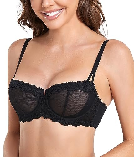 DotVol Women's Balconette Sheer Lace Half Cup Unpadded Underwire Push Up Bra(Black, 36C)