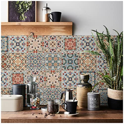 RwalkinZ Tile Stickers for Kitchen 24 pcs Bathroom Self Adhesive Water and Oil Proof Stick On Wall (15cm x 15cm, 6x6 inches) for Stairs for Tile Protect Wall Retro Brown & Red