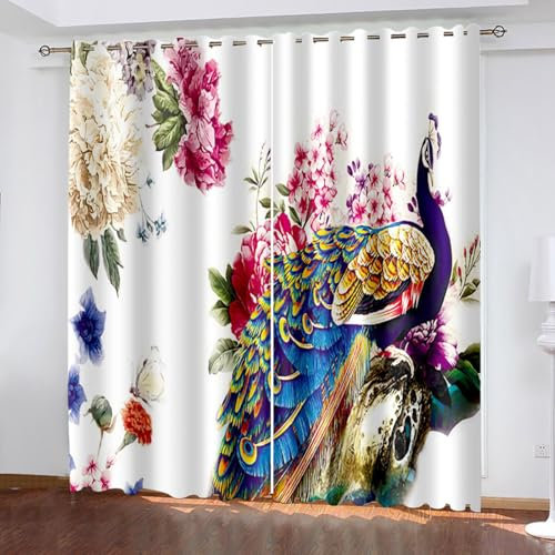 Pfau Blickdichte Vorhänge mit Ösen Gardinen 2er Set, Verdunkelungsvorhang Thermovorhang Hitzeschutz, Blume Tier Ösenvorhang für Schlafzimmer Wohnzimmer Kinderzimmer 170 x 200 cm (B x H)