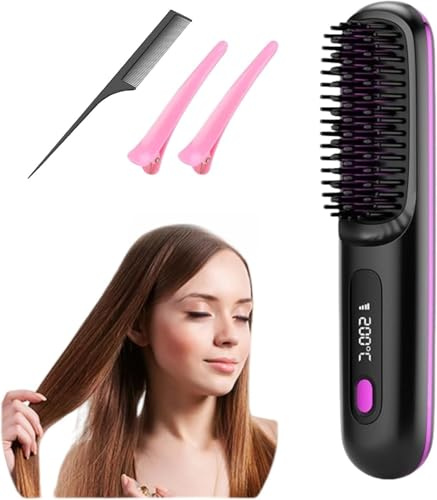 Go Brush Pro, Cordless Hair Straightener Brush, Cordless Hair Straighteners with 3 Temperature Modes Rechargeable Heated Styling Brushes for Hairs Styling Travel Box (A)
