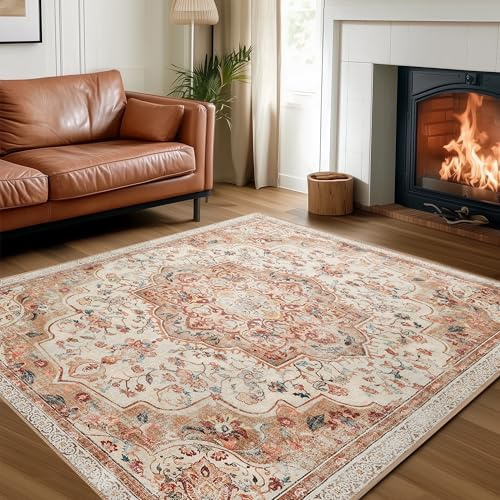 SONGMICS Wohnzimmerteppich Waschbar rutschfest, Boho, 200 x 290 cm | Kurzflor Teppich Faltbar, Dekoration für Schlafzimmer, Cappuccinobeige und Kamelbraun, Verina Kollektion TAR310L01