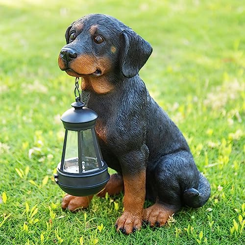 Solar Dog Statues for Outdoor Decor, 13 Outdoor Garden Rottweiler Statues with LED Lights Solar Dog Figurines Lights for Patio, Lawn, Yard Art Decoration, Housewarming Garden Gift