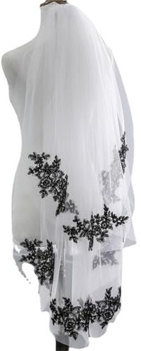 HWBZSZY Doppelschicht Brautschleier Hochzeit Weicher Tüll mit Kamm, Kathedrale Schwarz Spitze Blumenrand Schleier Damen Hochzeit Kopfschmuck Zubehör für Fotostudio und Party,Weiß,80cm/100cm