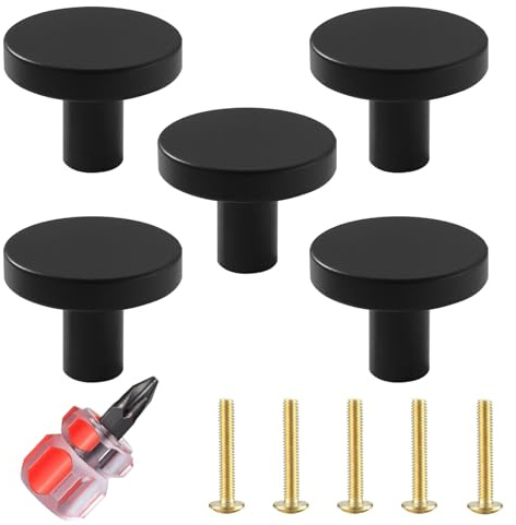 Gudemoore 5 Pcs 30mm Round Black Door Knobs Equipped with Screws and Screwdriver,Black Cupboard Knobs,Single Blacks Drawer Knob Aluminum Alloy,for Home Decorating, Cupboard, Wardrobe