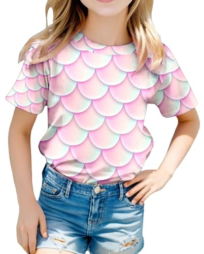 Huihong Kids T Shirts Girls Fish Scale Fashion Graphic Short Sleeve Crewneck Tshirts Teenage Girls Summer Comfy Cartoon Cute Casual Jogging Running Blouse Tops Age 3-13 Years (3-4 Years)