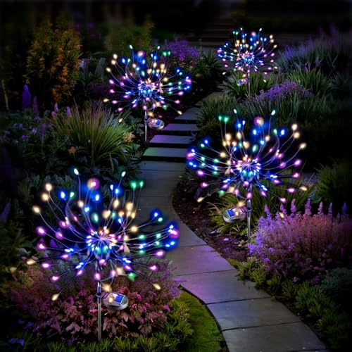 Anordsem Solar Lights Outdoor Garden: Waterproof Firework LED Fairy Lamps 4 Pack - Coloured DIY Christmas Decorations for Outside Patio Pathway - Gardening Gifts for Women Friends