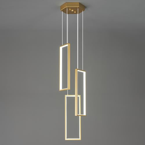 ZPBSJ Moderne Dimmbar Küche Pendelleuchten LED Gold Hängelampe 3 Ring Rechteck Kronleuchter für Esszimmer Schlafzimmer Wohnzimmer Flur