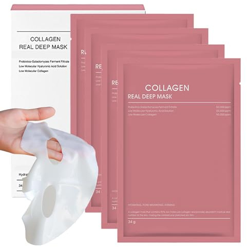 4 stycken Bio Collagen Mask, Bio Collagen Real Deep Mask, Kollagen Ansiktsmask, Bio Kollagen Natt Ansiktsmask, Djup Återfuktning, Förbättrad Elasticitet Minskar Fina Linjer och Rynkor