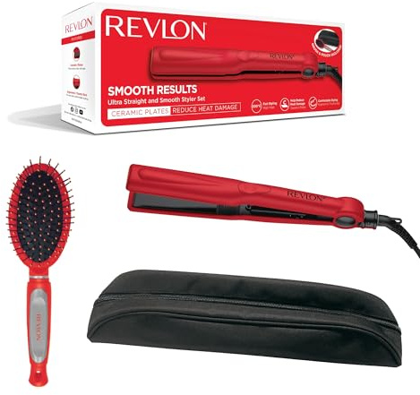 REVLON Ultra Straight and Smooth Styler Set (200°C Fast Styler with Ceramic Plates Gift Set with Brush and Storage Pouch) RVST2176GP