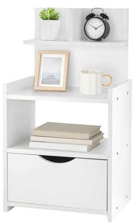 Bedside Table With Drawer 60x32.5x25.5cm Wooden Side Table White Nightstand Cabinet For Bedroom, Living Room, Hallway Or Bathroom Stylish Bedside Cabinet With Storage Shelf