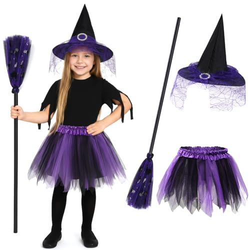 Difertes Deguisement Sorciere Fille 3 4 5 6 7 8 Ans, Costume Halloween Sorcier Enfant, avec TuTu Fille Chapeau Balai Sorcière