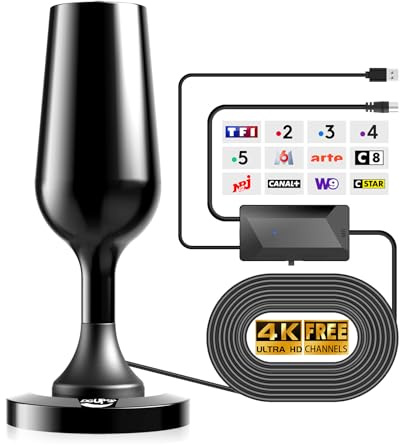 Antenne TV Intérieure Puissante TNT HD, 2025 Le Plus récent Antenne TV Intérieur avec Amplificateur de Signal à Gain Élevé, Réception Longue Portée à 360° avec Base Magnétique Solide - Noir