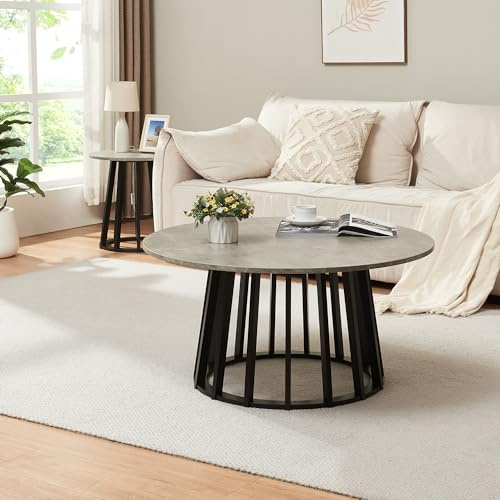[en.casa] Couchtisch Buzzard Wohnzimmertisch Ø90 x 45 cm Sofatisch mit Bambusgestell Kaffeetisch rund Schwarz/Betonoptik