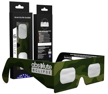 Absolute Eclipse Gafas Eclipse Solar 2026 para ver el Eclipse - ISO 12312-2 CE Certificadas Homologadas - 6 Pack Familia - Diseño Ejército - Adultos Niños - Fabricante Europeo Reconocido AAS