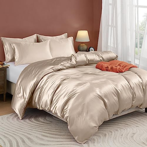 AVINYA Divine Pure Mulberry Silk Duvet Cover - 22 Momme 6A Graded Silk - 1 Piece Duvet Cover Alaskan King 120 x 132, Beige
