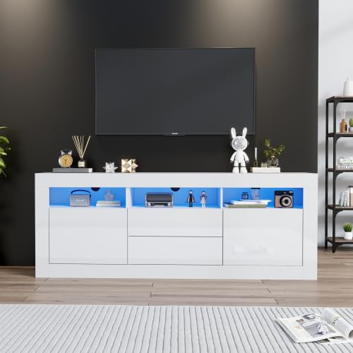 Merax TV Schrank Lowboard mit LED Beleuchtung, 160 cm Weiß Hochglanz TV Board, Push-to-Open System, Viel Stauraum für Wohnzimmer Möbel, Bluetooth Steuerung für LED-Beleuchtung