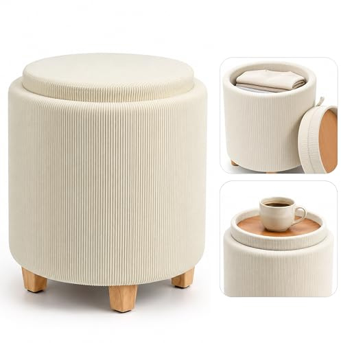 Zedelmaier Sitzhocker mit Stauraum, rund, aus Cord, Ø 32 x 38 cm, Beige | Cord-Polsterhocker, zylindrisch, bis 150 kg; Holzbeine, Wendedeckel als Tablett, Fußhocker, Pouf oder kleiner Couchtisch