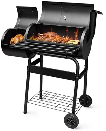 Charcoal Barbecue Grill Outdoor, Large Double Layer BBQ Grill with Built-in Thermometer, Open/Close Chimney for Outdoor Camping Party Patio (Offset Smoker)