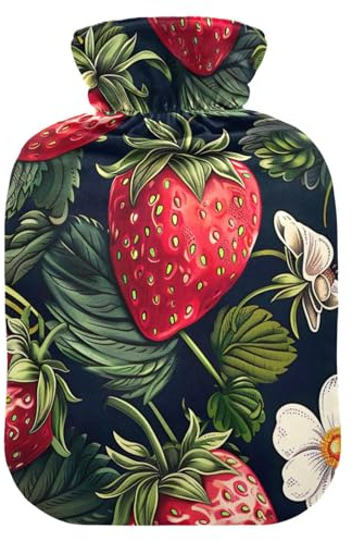 Bolsa de agua caliente con cubierta suave, calentador de pies con cubierta suave, fresas rojas, flores blancas, bolsa de agua caliente para calentador de cama de pies, alivio del dolor, pequeña
