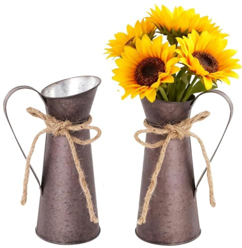 Lot de 2 vases à fleurs vintage décoratifs en métal - Style maison de campagne rétro - Pot à lait - 20 cm - Marron - Décoration de table de cuisine avec ficelle de jute - Pour salon, mariage