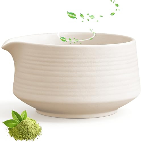 Cuenco Matcha de Cerámica 560 ml con Pico Vertedor, Tazón de Té Tradicional Japonés, Utensilios de Té Hechos a Mano, Boles Matcha para Hogar, Oficina, Cocina, Café, Salón de Té, Restaurante (Blanco)
