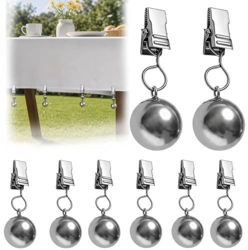 Huifengjie 8 Poids de Nappe d'extérieur, Pinces de Couverture de Table avec Boules en Acier Inoxydable, Pinces à Nappe résistantes, Fixation Stable pour Table Extérieure, Jardin, Terrasse et Balcon