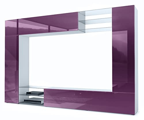 Vladon Wohnwand Mirage, Made in Germany, Anbauwand mit Rückwand mit 2 Türen, 2 Klappen und 6 offenen Glasablagen, Weiß matt/Brombeer Hochglanz (262 x 183 x 39 cm)