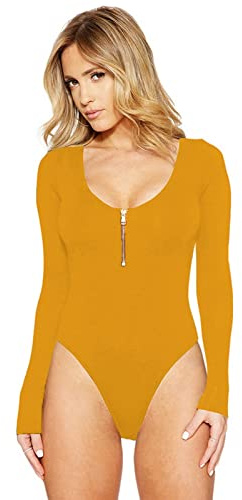 Faringoto - Body de mujer con cremallera, de manga larga, para otoño e invierno, top casual. Body de mujer en negro y blanco, conjuntos de moda, amarillo, L