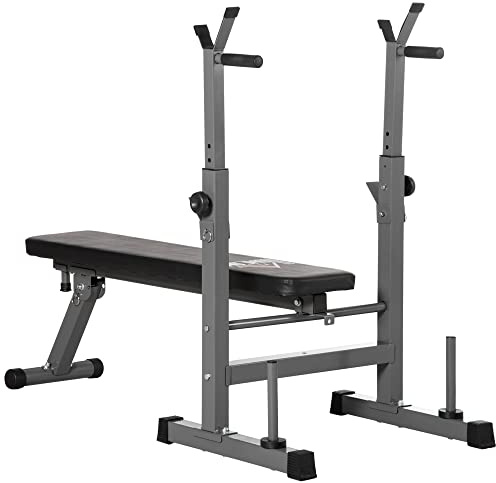 HOMCOM Adjustable Weight Bench, Foldable Bench Press with Barbell Rack, Dip Station, for Home Gym, Strength Training, Multi-Use Workout Bench, Grey