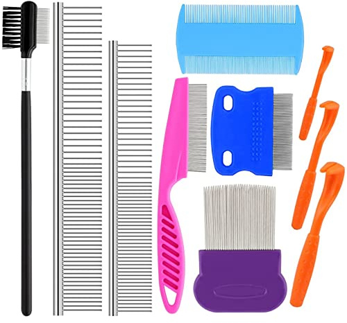 10 Pack Flea Comb for Dogs, Stainless Steel Dog Cat Grooming Combs with Rounded Teeth for Remove Fleas Lice Eggs, Tick Removal Tool for Small Pets