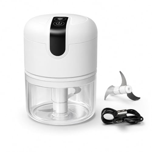 Mini Picadora Eléctrica USB 250 ml, 3 Cuchillas, 30 W y Batería 1300 mAh | Para ajo, cebolla, verduras y frutos secos; compacta y fácil de limpiar