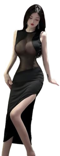 THSCWY Robe sexy pour femme transparente sans manches maille dentelle épissure jupe fendue moulante jambes nues robes tenues de clubwear noir