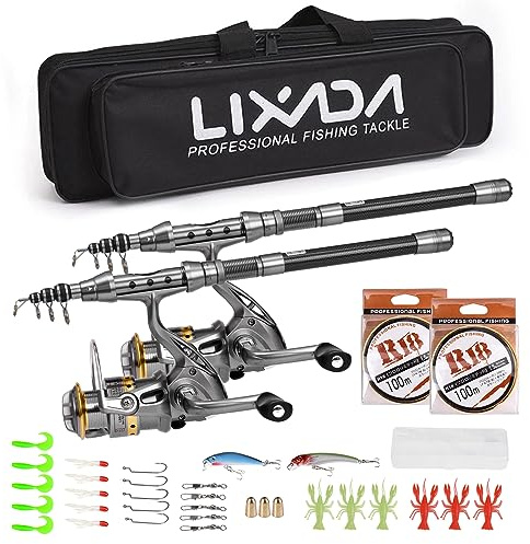 Lixada Canna da pesca Combo Set 1.5/1.8/2.1/2.4m 2PCS Rod Reel Canna da pesca telescopica in fibra di carbonio Mulinelli da pesca Set da pesca con ganci Esche morbide Barile Girelle Borsa di