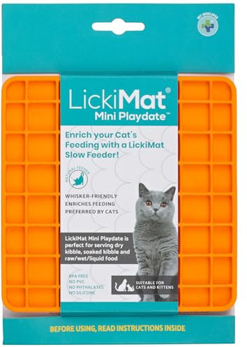 LickiMat Mini Classic Playdate Cat Food Mat, Cat Slow Feeder for Boredom & Anxiety Relief for Cats, Perfect for Food, Treats, Yoghurt & Peanut Butter, Fun Alternative to a Slow Feeding Bowl, Orange