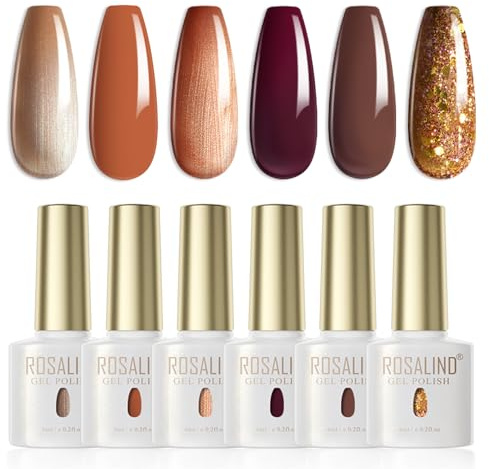 ROSALIND UV-nagellack, 6 färger brunt chokladglitter brunt höstgel nagellack pumpa set kanel Bubble Off UV LED nagellack nagelkonst nageldesign Alla hjärtans dag