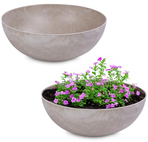 matches21 Pflanzschalen für draußen - 2 Vintage Dekoschalen Sand beige marmoriert als Blumentopf Pflanztopf - Schale in 20 x 7,5 cm als Garten Vogeltränke Balkon-Deko oder Friedhof Grabschale