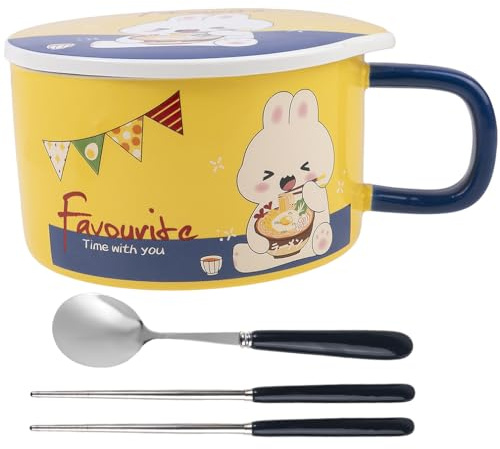 lachineuse - Bol à Nouilles Instantanées - Bol à Ramen Asiatique - Porcelaine - Motif Lapin - 1000 ML - Couvercle & Couverts - Petit-Déjeuner, Soupe, Riz - Idée Cadeau Asie Japon Chine - Jaune