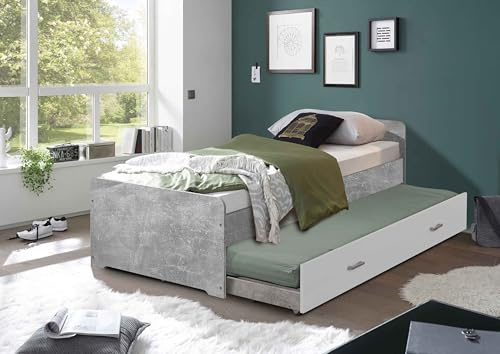 AVANTI TRENDSTORE - Barile - Einzelbett mit Ausziehbett, aus laminiertem Holz in der Farbe Grau, Betonoptik. Maße ca. LAP 97x67x206 cm
