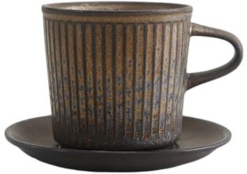 CAPIJIONG Juego de taza de café y plato de cerámica de estilo retro de 200 ml, taza de cerámica gruesa creativa, patrón vertical, color bronce antiguo