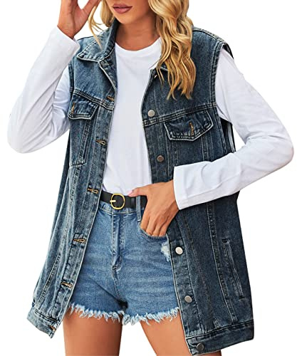 VaiKanhai Giacca in Jeans da Donna Senza Maniche, Nero, Jeansweste Oversize, Grandi Taglie, Gilet in Denim con Bottoncini, Giacca di Transizione Elegante, Giacca in Jeans Destroyed, Giacca in Denim